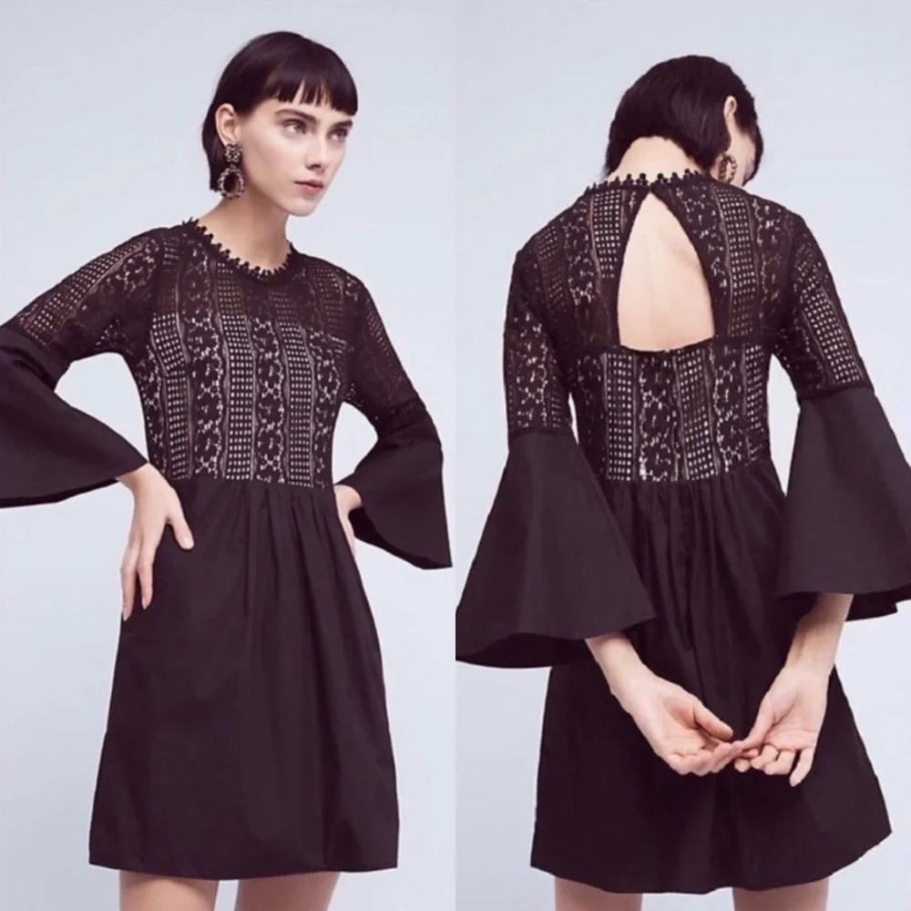Anthropologie HD In Paris Drea Belled Black Lace Dress Size SP